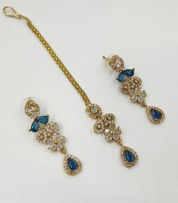 Blue ad stone & agate stone necklace set with earrings, antique gold plated 3
