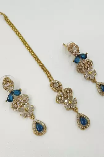 Blue ad stone & agate stone necklace set with earrings, antique gold plated