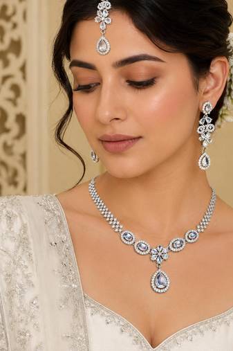 White ad & agate stone designer necklace set with earrings – rhodium plated