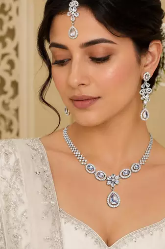 White ad & agate stone designer necklace set with earrings – rhodium plated