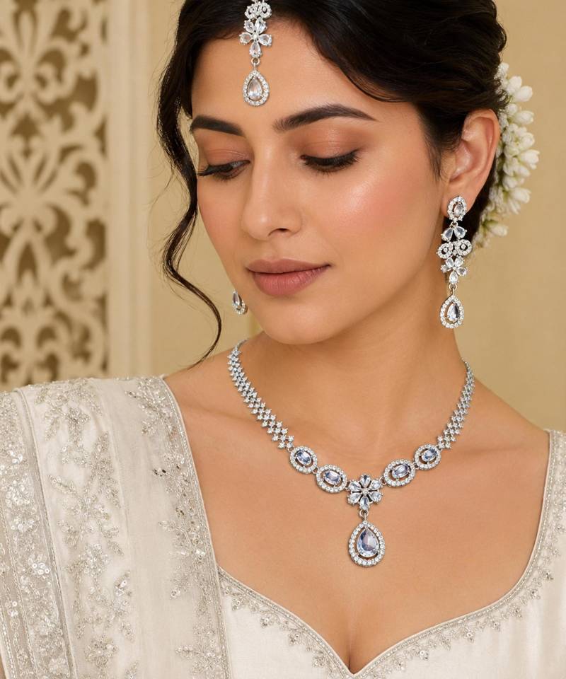 White ad & agate stone designer necklace set with earrings – rhodium plated