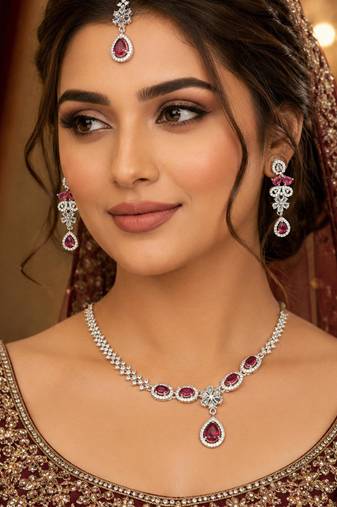 Ruby ad & agate stone designer necklace set with earrings – rhodium plated