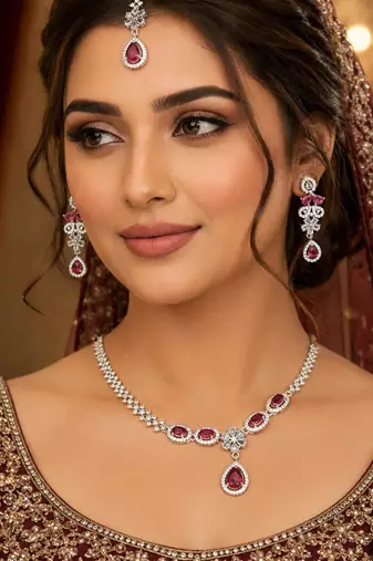 Ruby ad & agate stone designer necklace set with earrings – rhodium plated