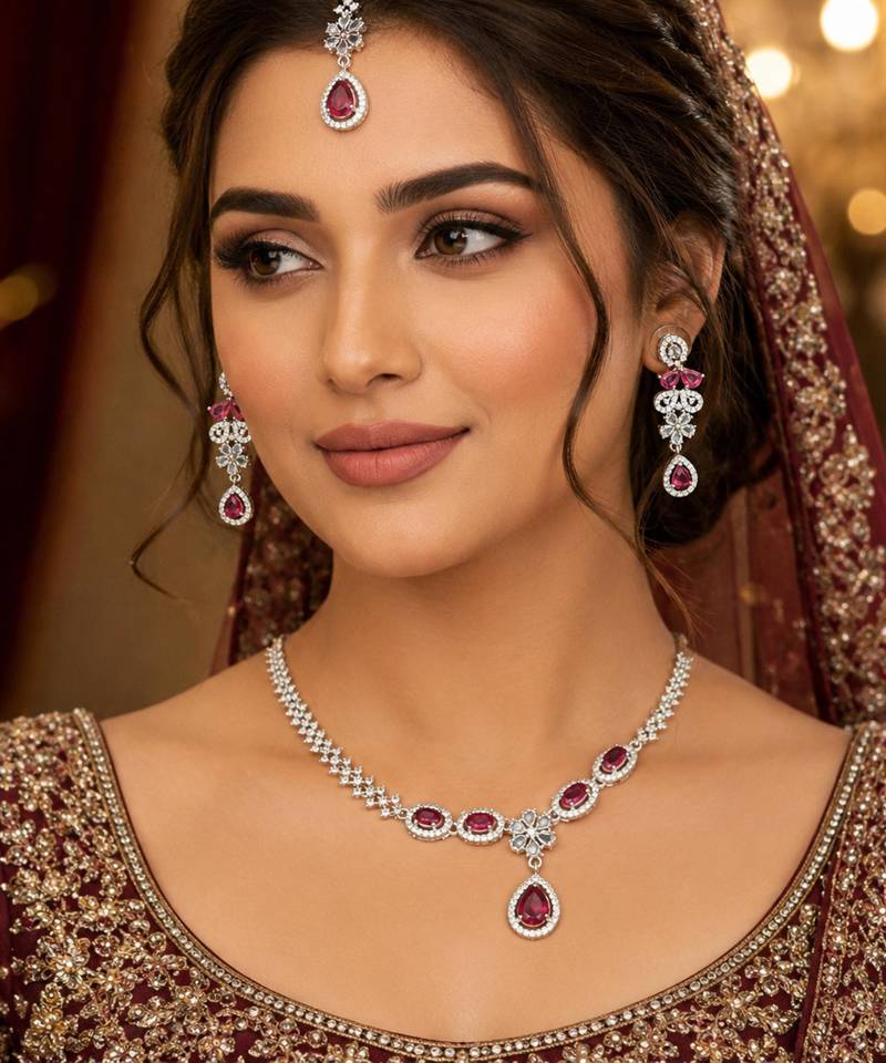 Ruby ad & agate stone designer necklace set with earrings – rhodium plated