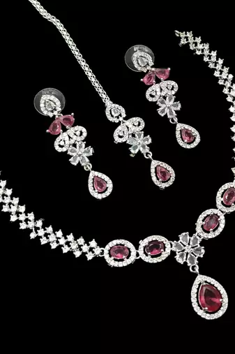 Ruby ad & agate stone designer necklace set with earrings – rhodium plated
