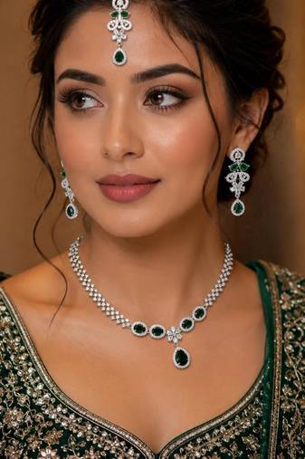 Green ad & agate stone designer necklace set with earrings – rhodium plated