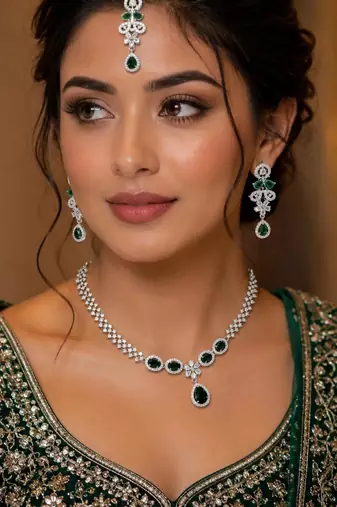 Green ad & agate stone designer necklace set with earrings – rhodium plated