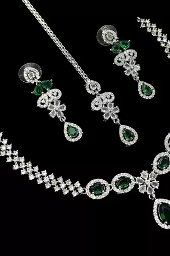 Green ad & agate stone designer necklace set with earrings – rhodium plated