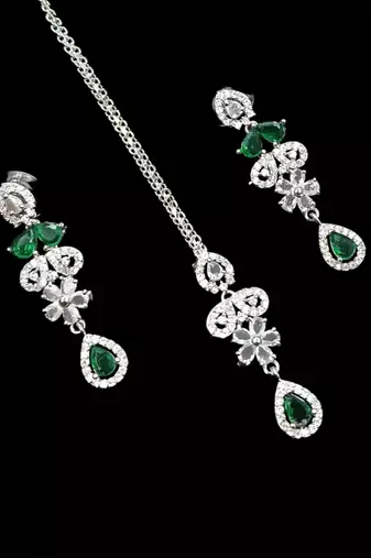 Green ad & agate stone designer necklace set with earrings – rhodium plated