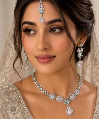 Baby pink ad & agate stone designer necklace set with earrings     rhodium plated 1