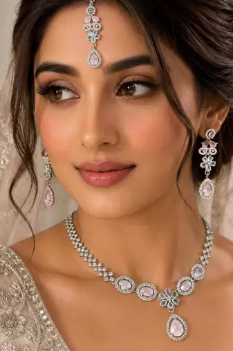 Baby pink ad & agate stone designer necklace set with earrings – rhodium plated