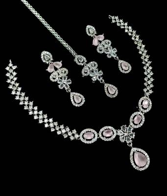 Baby pink ad & agate stone designer necklace set with earrings     rhodium plated 2