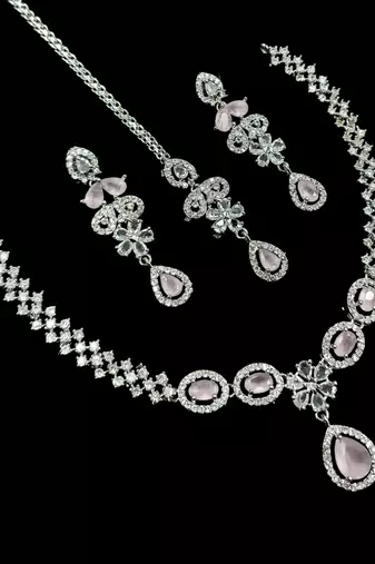Baby pink ad & agate stone designer necklace set with earrings – rhodium plated
