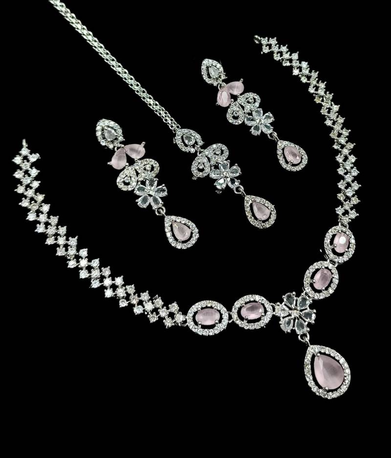 Baby pink ad & agate stone designer necklace set with earrings – rhodium plated