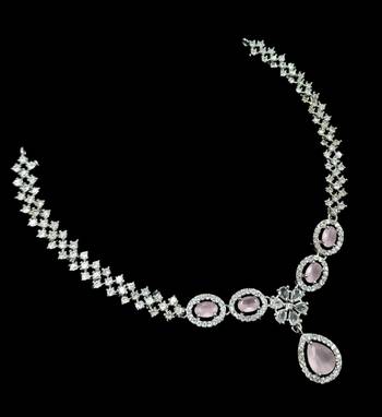 Baby pink ad & agate stone designer necklace set with earrings     rhodium plated 3