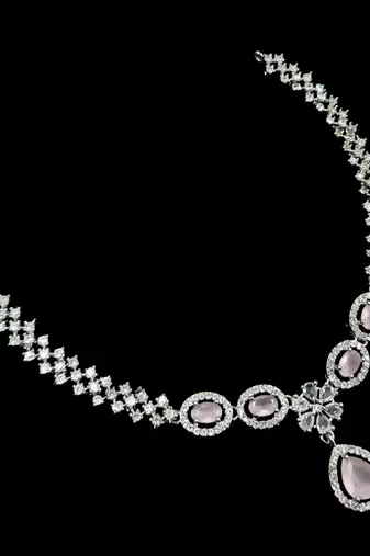 Baby pink ad & agate stone designer necklace set with earrings – rhodium plated