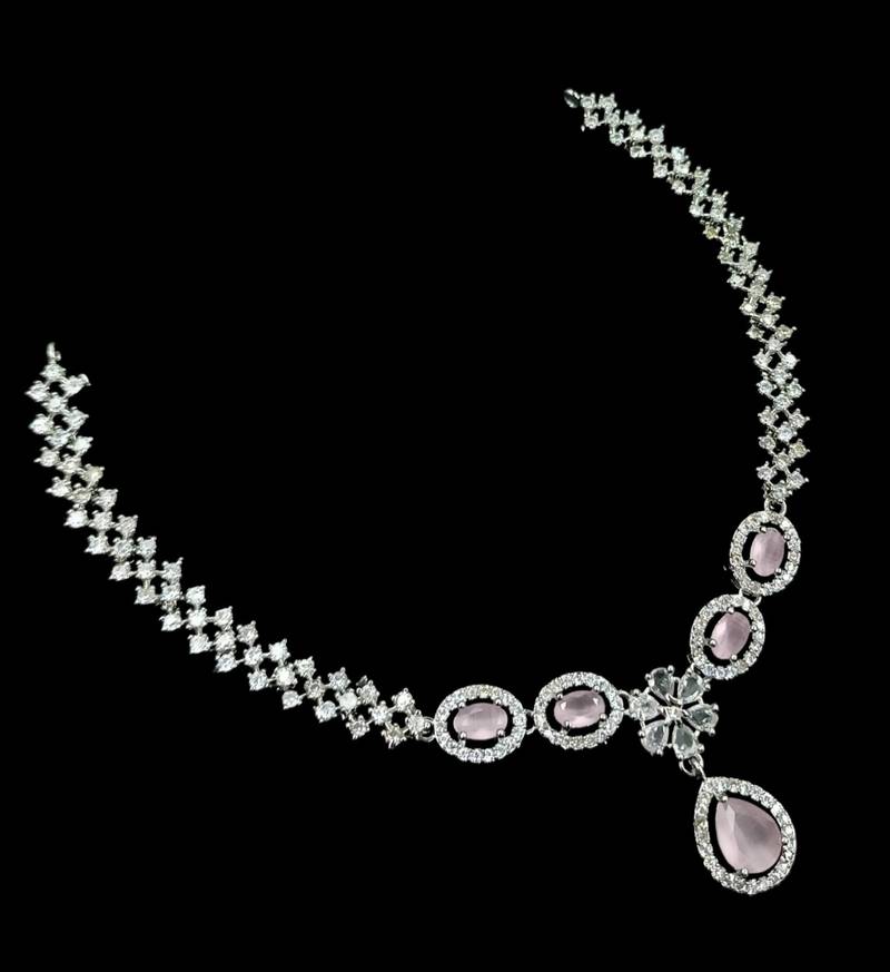 Baby pink ad & agate stone designer necklace set with earrings – rhodium plated