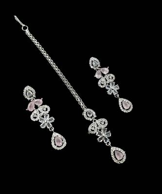 Baby pink ad & agate stone designer necklace set with earrings     rhodium plated 4