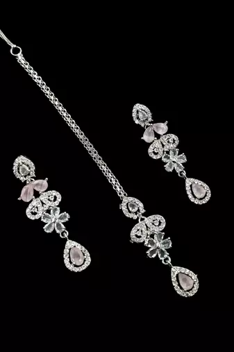 Baby pink ad & agate stone designer necklace set with earrings – rhodium plated