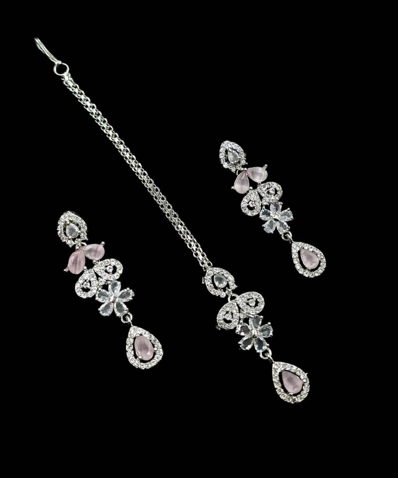 Baby pink ad & agate stone designer necklace set with earrings – rhodium plated