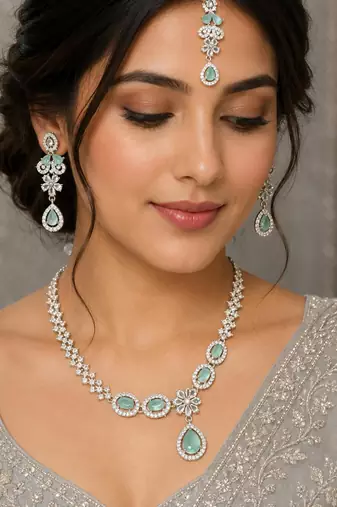 Pista green ad & agate stone designer necklace set with earrings – rhodium plated
