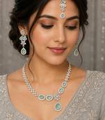 Pista green ad & agate stone designer necklace set with earrings – rhodium plated