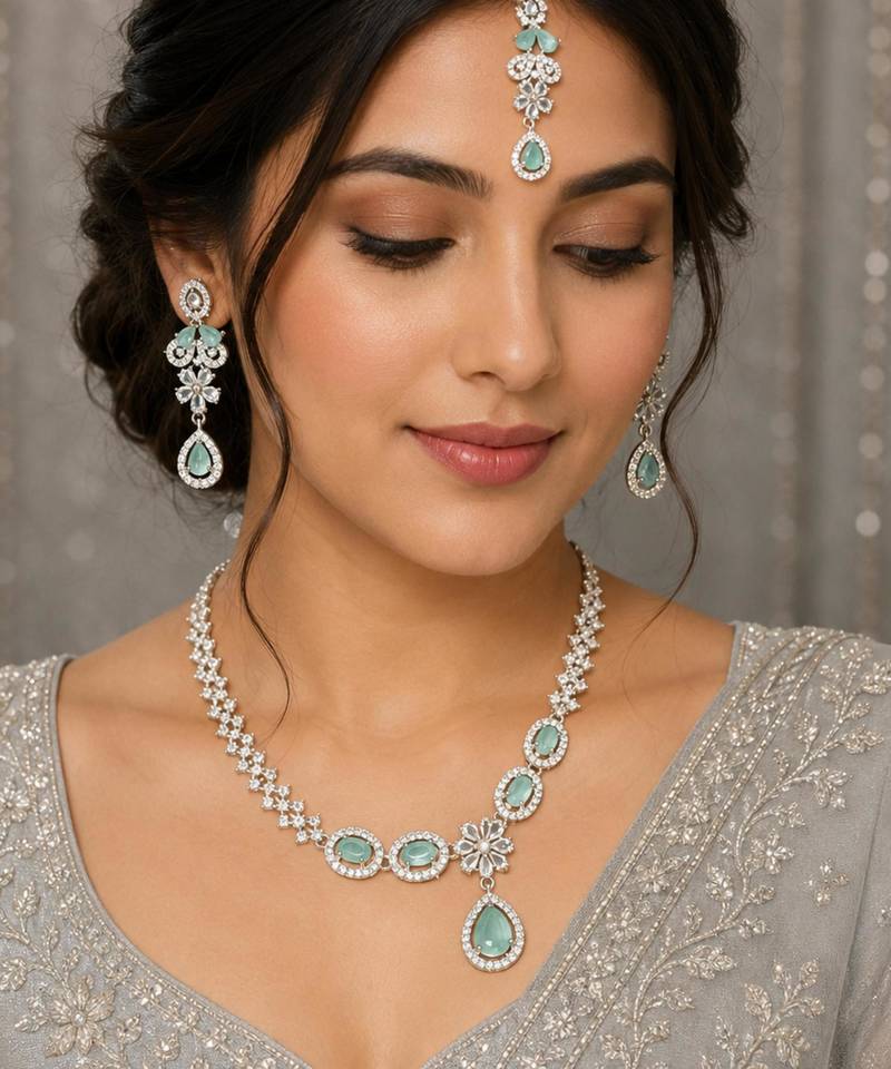 Pista green ad & agate stone designer necklace set with earrings – rhodium plated