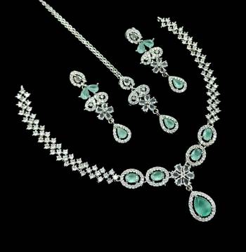 Pista green ad & agate stone designer necklace set with earrings     rhodium plated 2