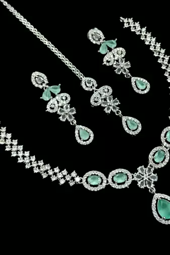 Pista green ad & agate stone designer necklace set with earrings – rhodium plated