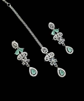 Pista green ad & agate stone designer necklace set with earrings     rhodium plated 3