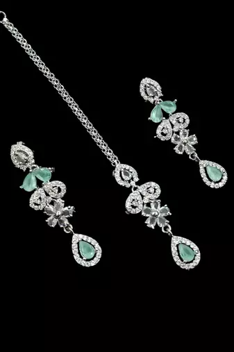 Pista green ad & agate stone designer necklace set with earrings – rhodium plated