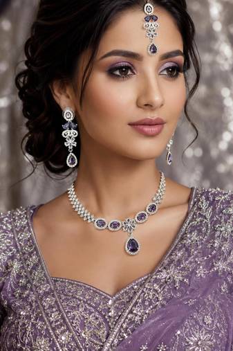 Purple & green ad & agate stone designer necklace set with earrings – rhodium plated