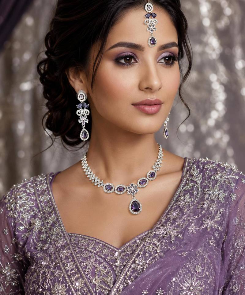 Purple & green ad & agate stone designer necklace set with earrings – rhodium plated