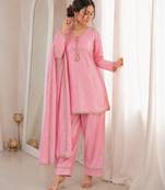 Women pink silk sequin emroidery work kurta set