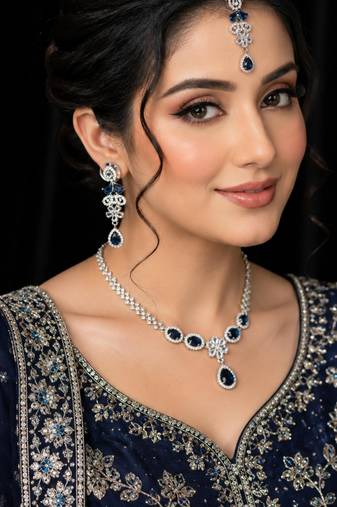 Blue & green ad & agate stone designer necklace set with earrings – rhodium plated