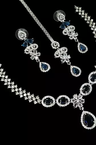 Blue & green ad & agate stone designer necklace set with earrings – rhodium plated