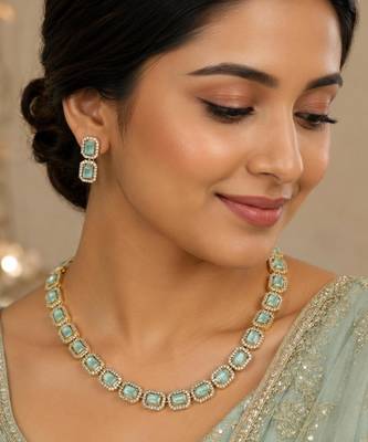 Pista green ad stone & agate stone necklace set with earrings, antique gold plated 1