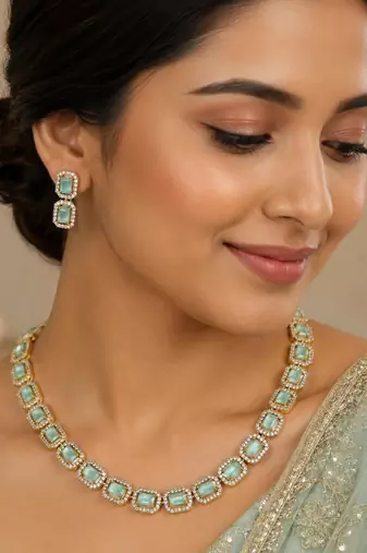 Pista green ad stone & agate stone necklace set with earrings, antique gold plated