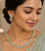 Pista green ad stone & agate stone necklace set with earrings, antique gold plated