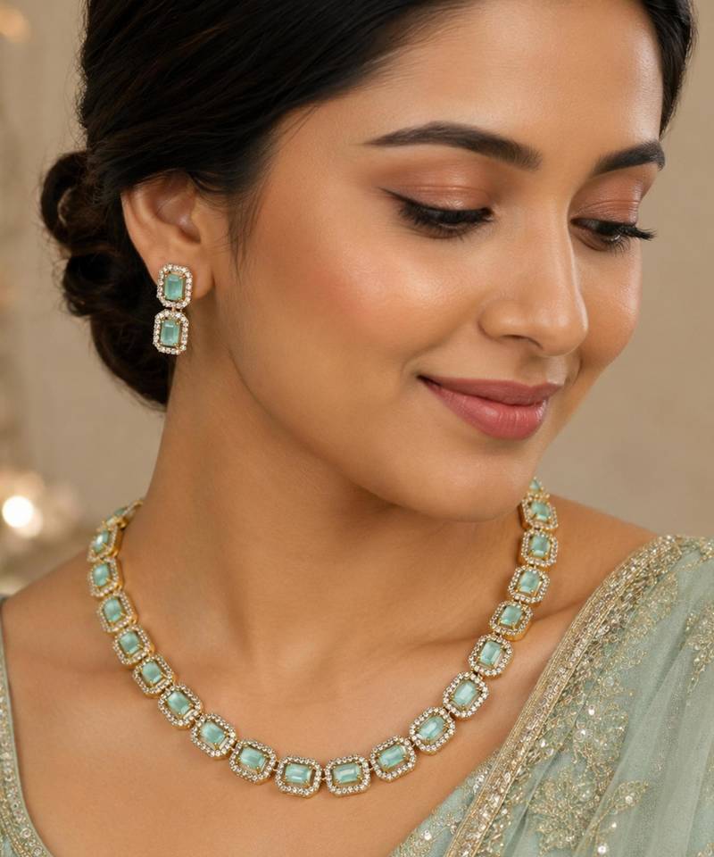 Pista green ad stone & agate stone necklace set with earrings, antique gold plated