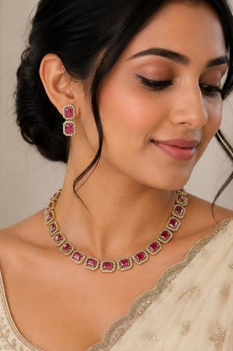 Ruby ad stone & agate stone necklace set with earrings, antique gold plated