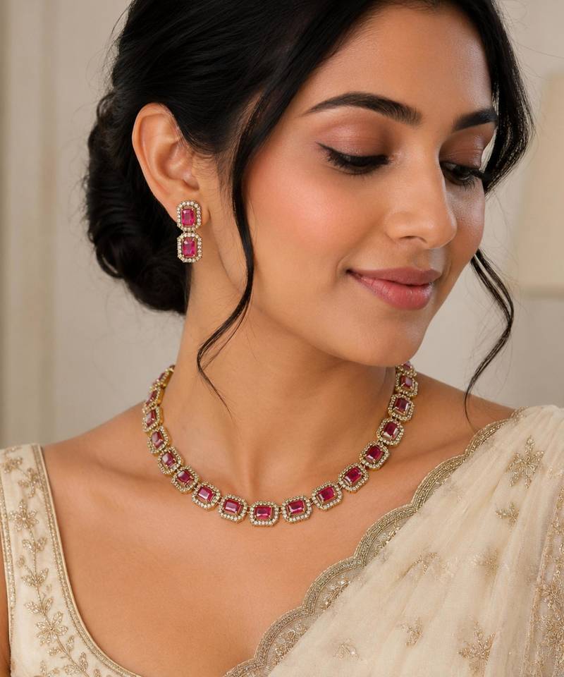 Ruby ad stone & agate stone necklace set with earrings, antique gold plated