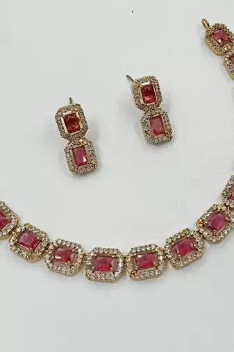 Ruby ad stone & agate stone necklace set with earrings, antique gold plated