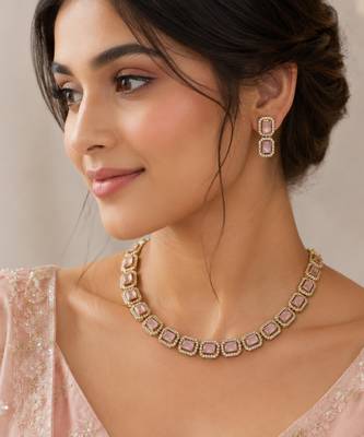 Baby pink ad stone & agate stone necklace set with earrings, antique gold plated 1