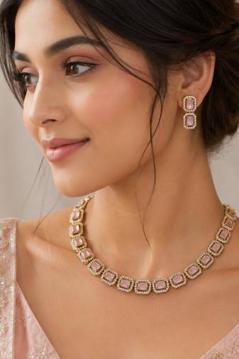 Baby pink ad stone & agate stone necklace set with earrings, antique gold plated