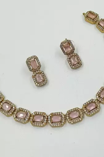 Baby pink ad stone & agate stone necklace set with earrings, antique gold plated