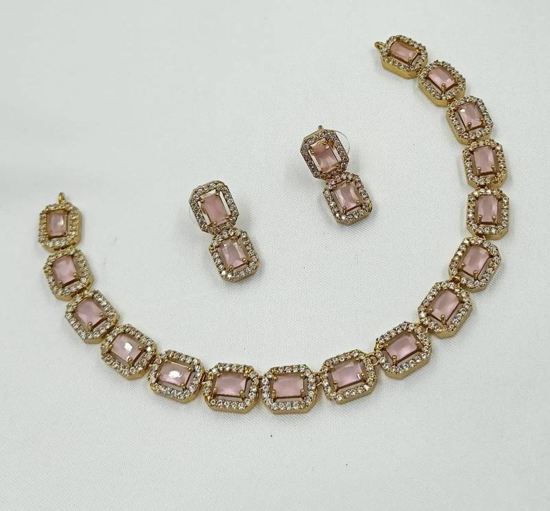 Baby pink ad stone & agate stone necklace set with earrings, antique gold plated