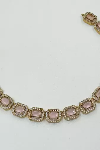 Baby pink ad stone & agate stone necklace set with earrings, antique gold plated