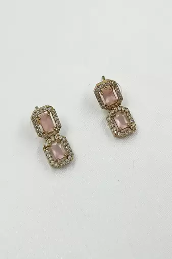 Baby pink ad stone & agate stone necklace set with earrings, antique gold plated