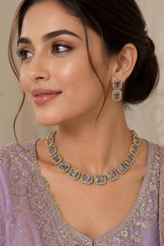 Purple ad stone & agate stone necklace set with earrings, antique gold plated